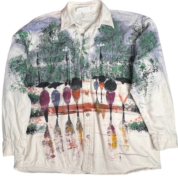 Marguerita Oversized Hand Painted Off White Denim Shacket Top Size M‎ - Picture 5 of 15